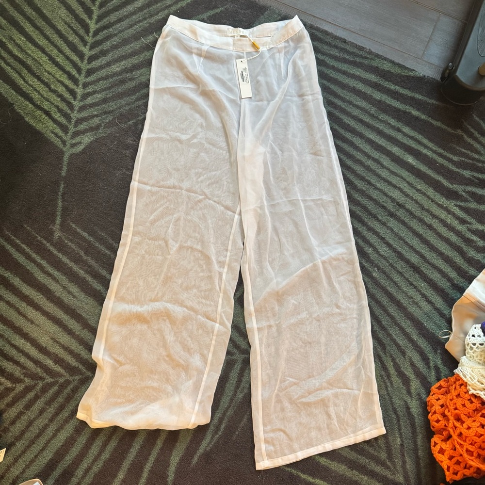 Meshki Alana Chiffon Sheer White Wide-Leg Pants